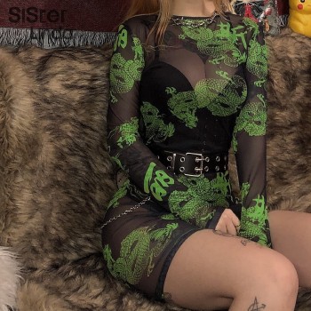 See-through Sexy Mini Dress For Women Dragon Print Bodycon Dress Full Sleeve O-Neck Lady Green